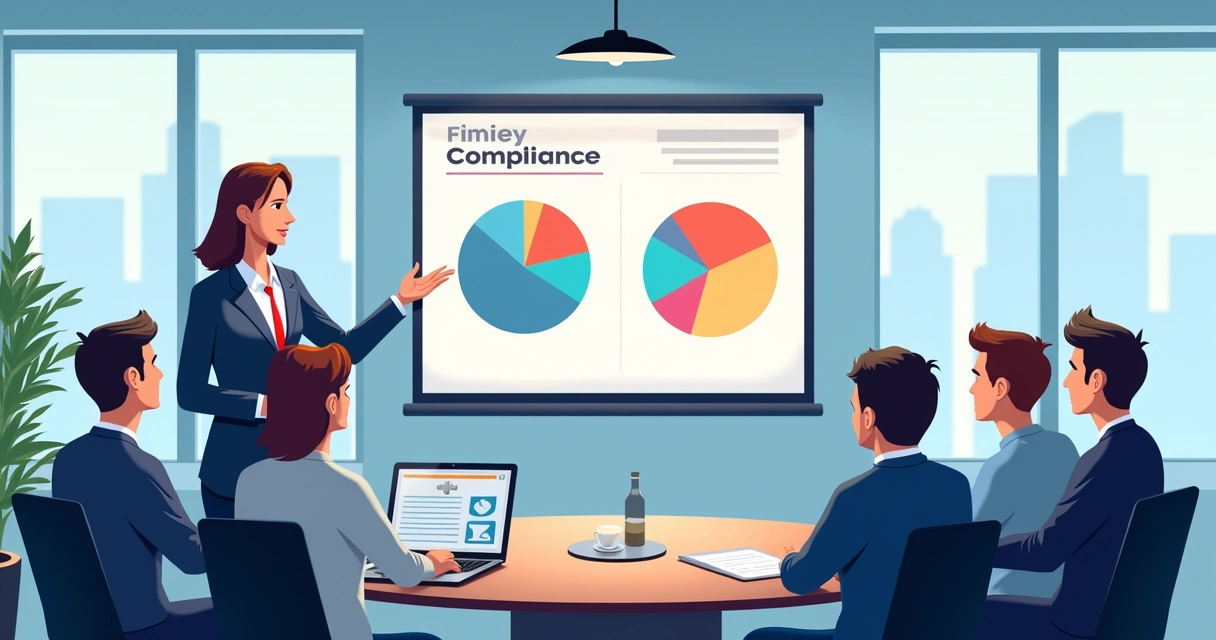 Equipe empresarial em sala de treinamento, projetor exibindo gráficos de compliance 