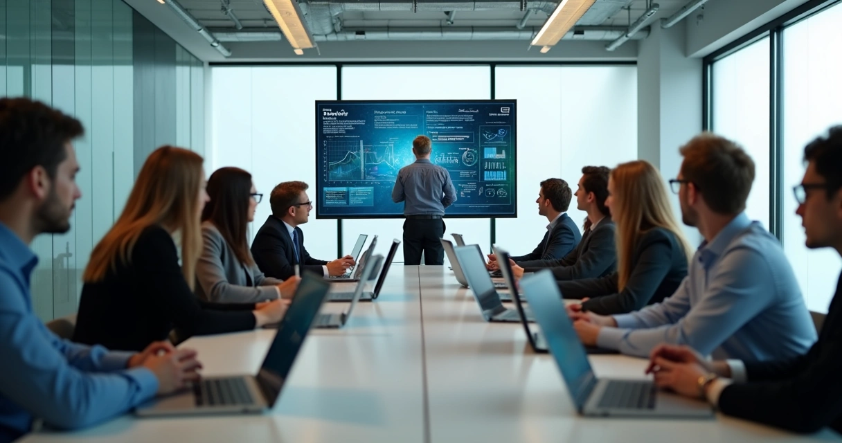 Equipe de contabilidade participando de treinamento de tecnologia em sala de aula moderna 