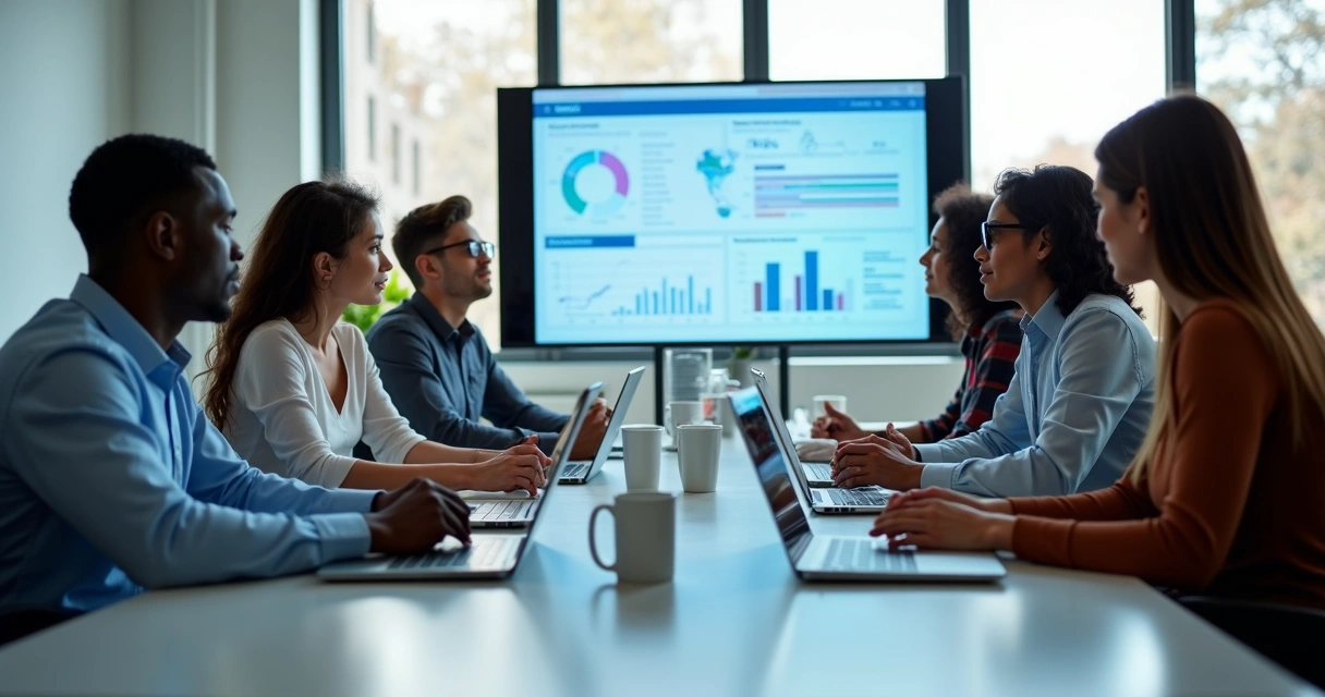 Equipe corporativa em sala moderna com computador e tablet, treinando de forma integrada na rotina de trabalho 