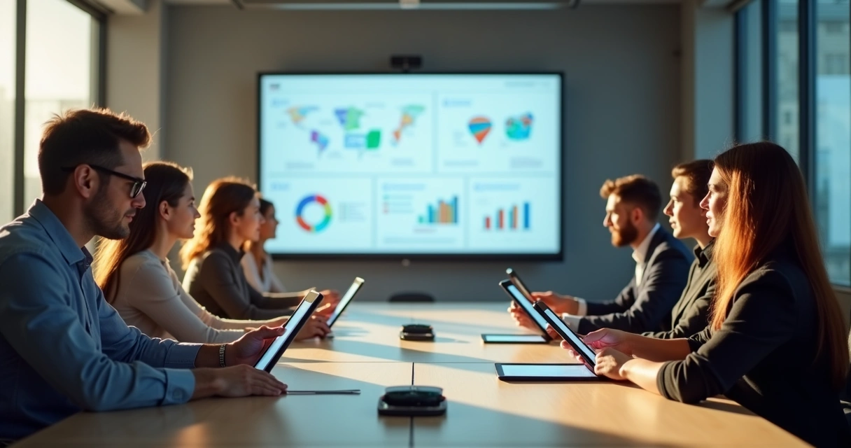 Grupo em ambiente corporativo durante treinamento com recursos digitais 