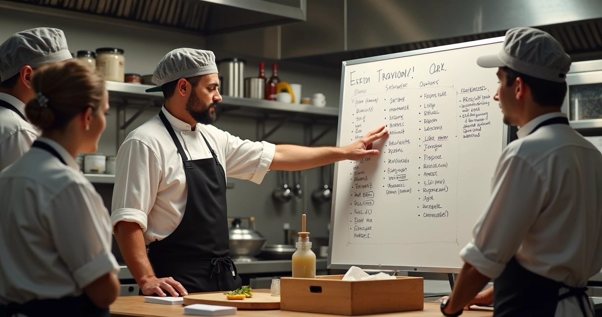 Equipe de cozinha recebendo treinamento sobre controle de validade 