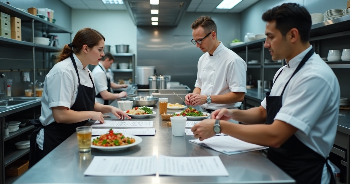 Treinamento de equipe em cozinha de restaurante