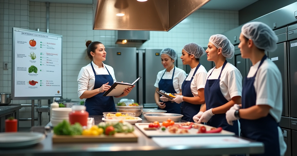 Instrutora treinando equipe de cozinha profissional sobre segurança alimentar 