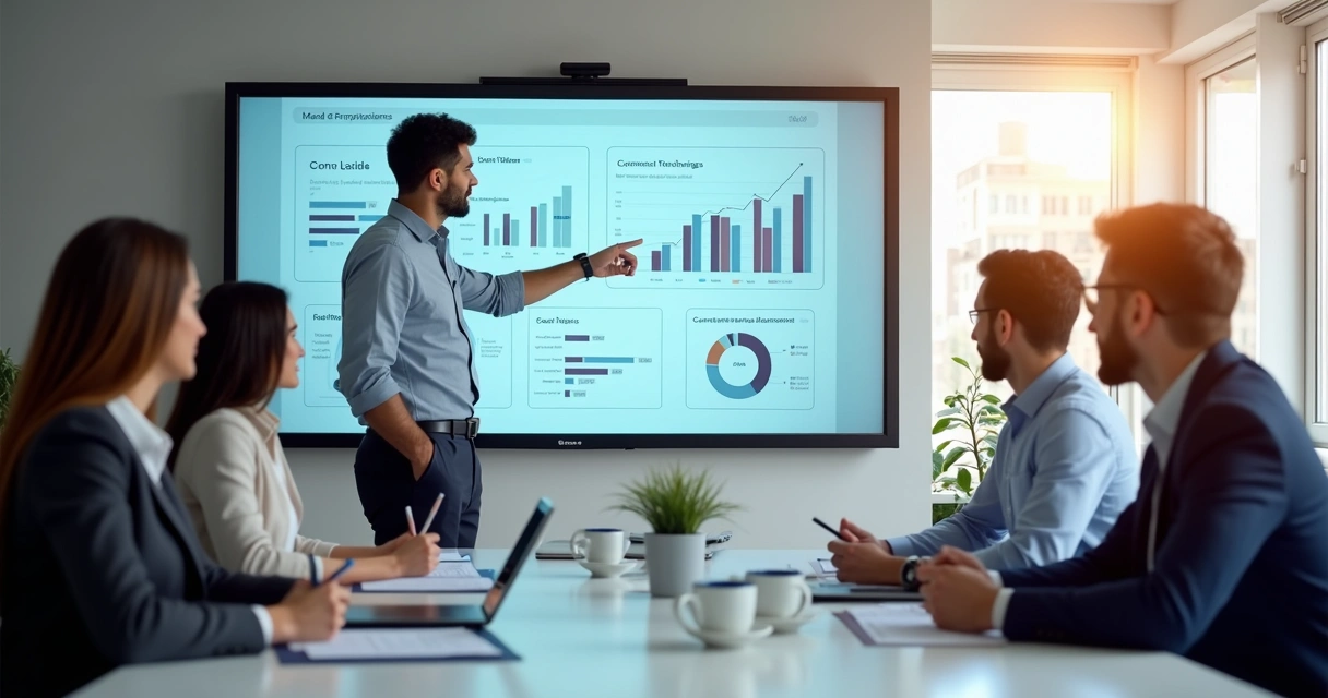 Equipe de vendas em treinamento diante de tela com gráficos. 