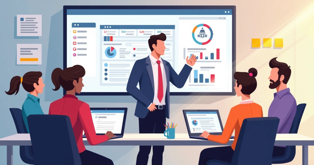 Equipe política aprendendo sistema CRM em escritório moderno