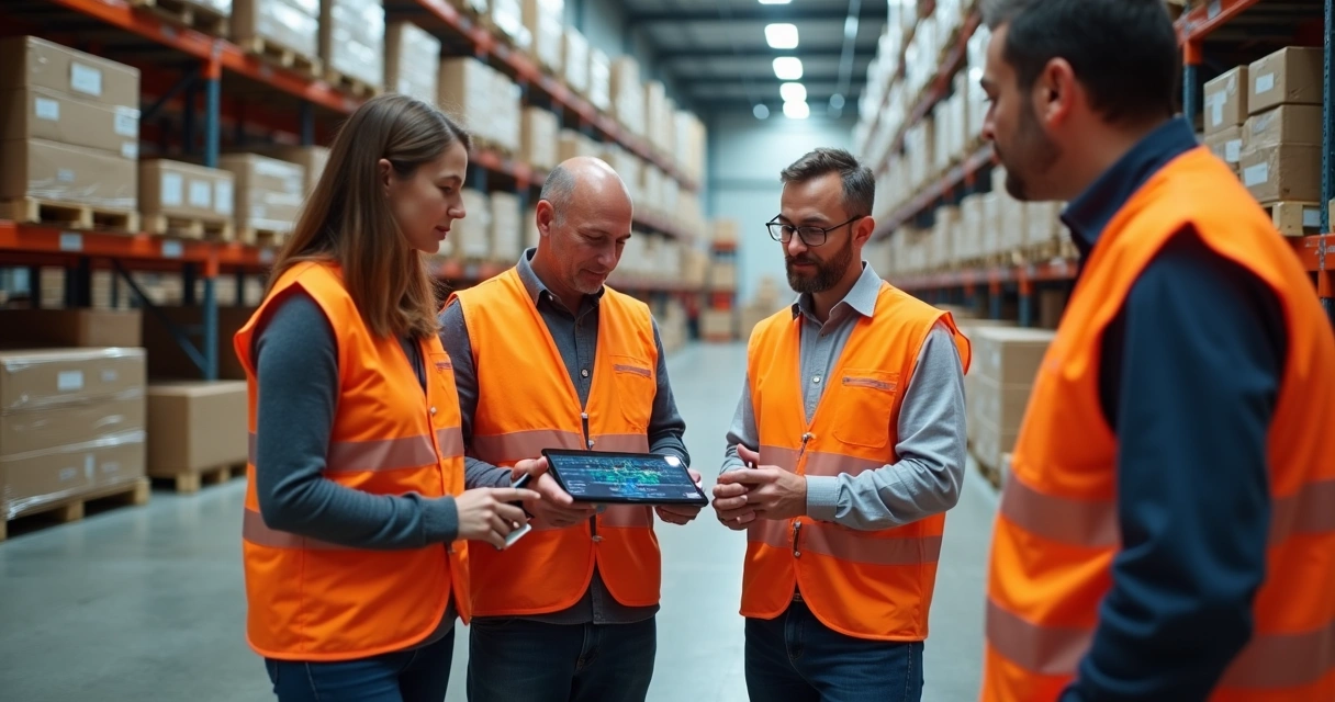 Equipe de logística reunida ao redor de tablet em galpão preparando expedição de mercadorias. 