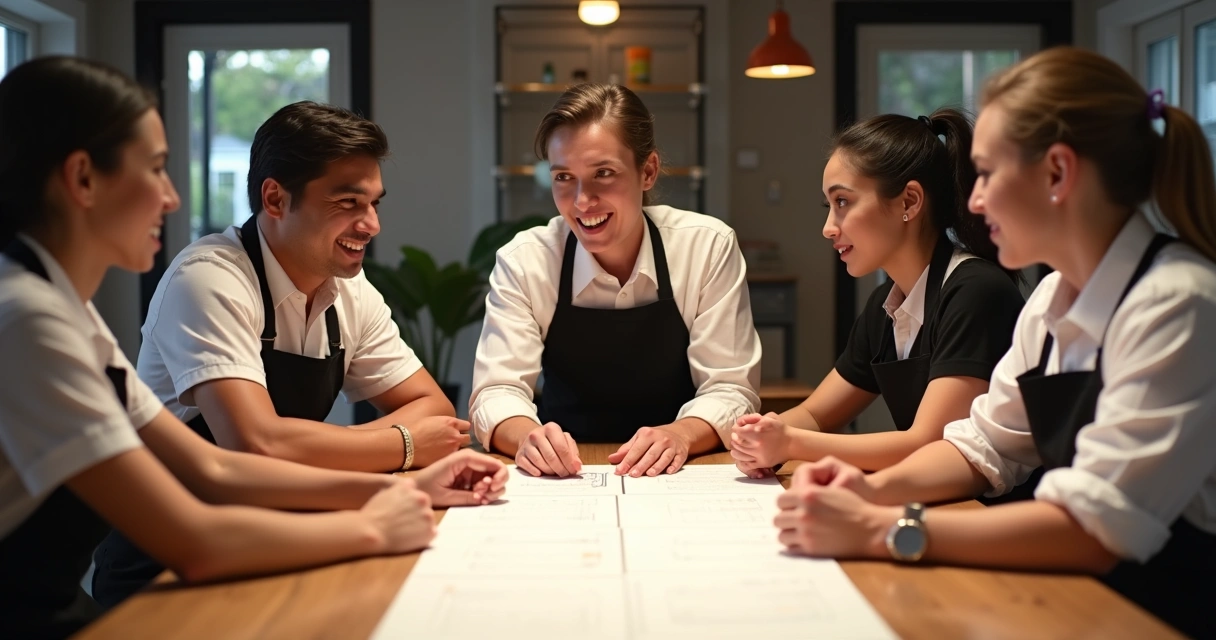 Equipe de restaurante participando de treinamento de vendas cruzadas 