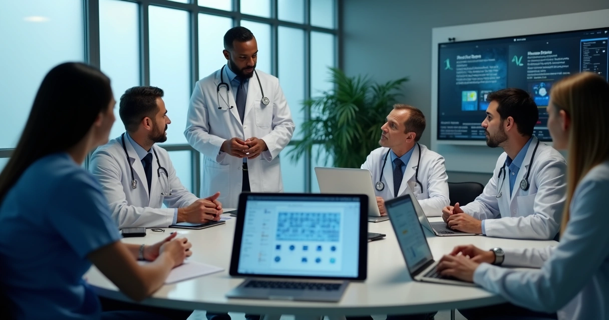 Equipe de clínica em treinamento sobre dados clínicos 