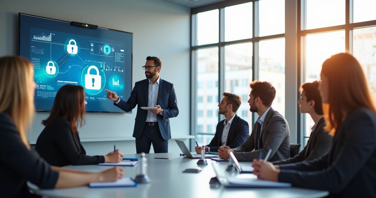 Equipe de colaboradores em um treinamento sobre dados sensíveis, sala de reuniões, tela com gráficos informativos. 