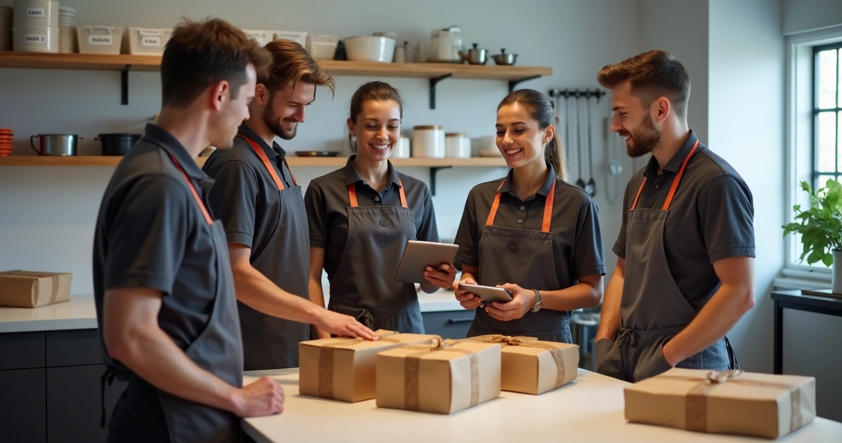 Equipe de delivery sendo treinada em cozinha profissional