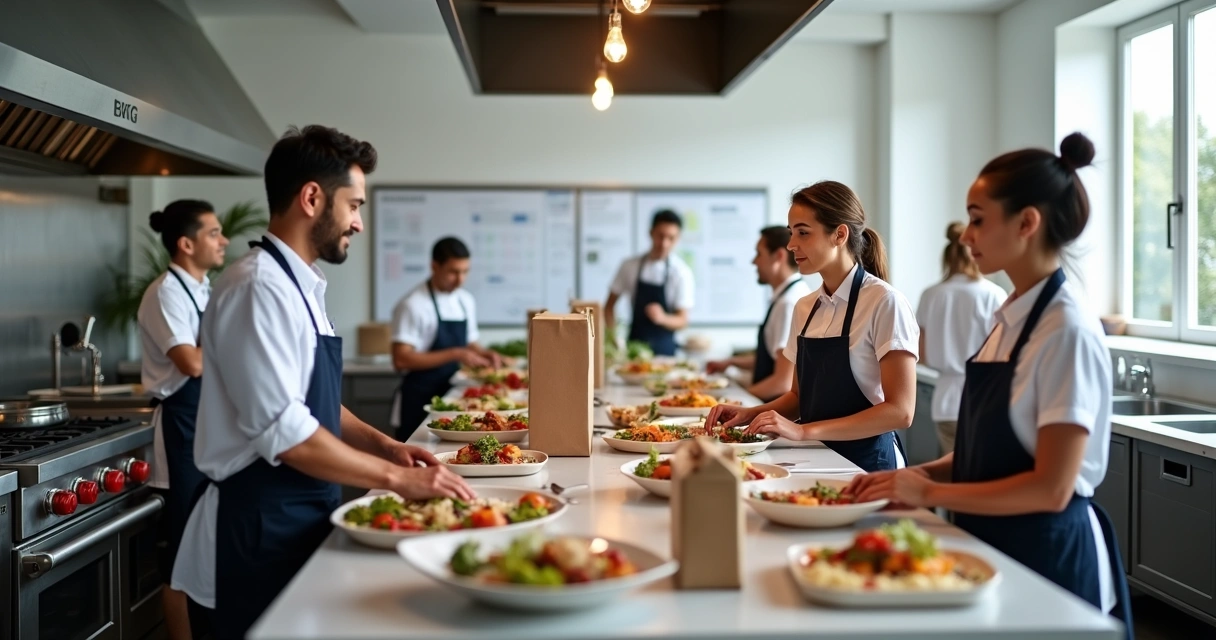 Equipe de delivery sendo treinada em cozinha profissional com instrutor mostrando procedimentos detalhados 