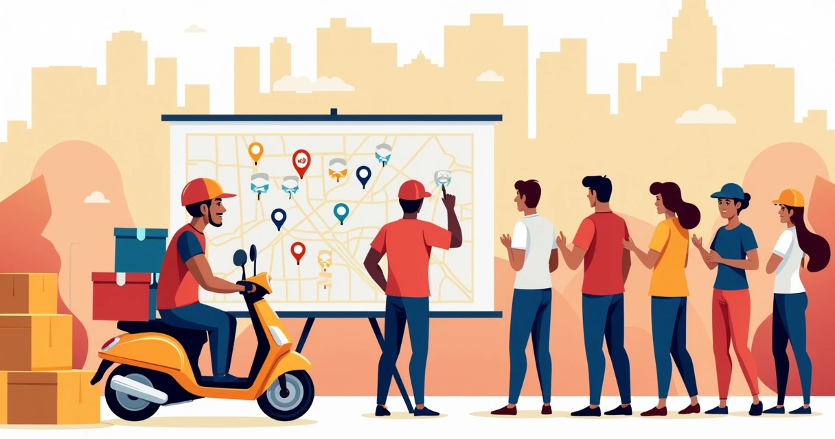 Treinamento de equipe de delivery com motoboy, mapas e interação entre membros da equipe.