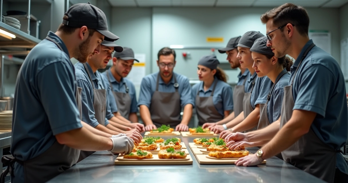 Equipe de cozinha sendo treinada em operação de delivery