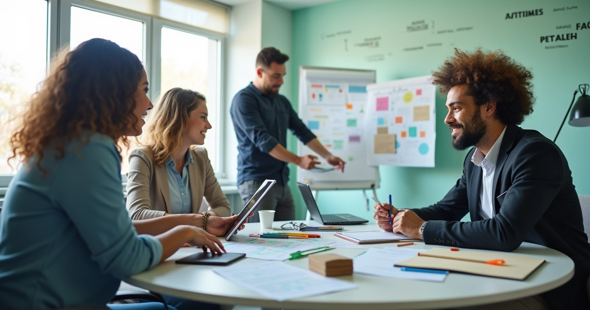 Reunião de equipe em treinamento com mentor e funcionários interagindo em um ambiente de trabalho moderno.