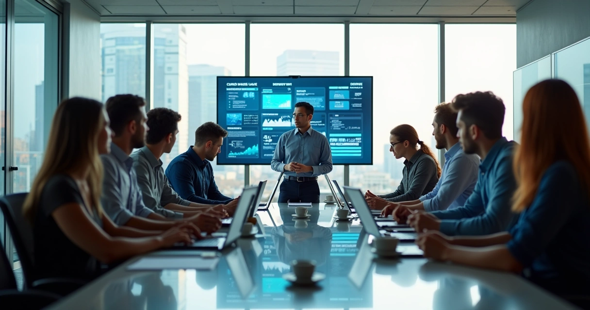 Equipe reunida em sala de treinamento digital 