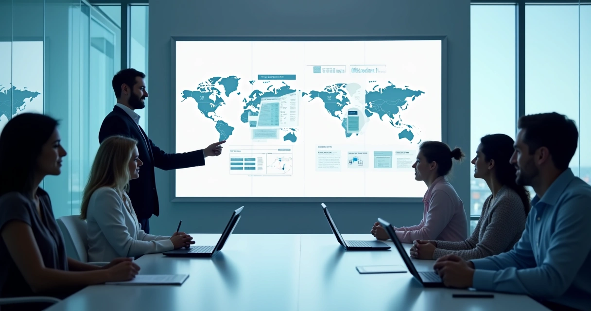 Equipe recebendo treinamento sobre processos digitais em sala moderna