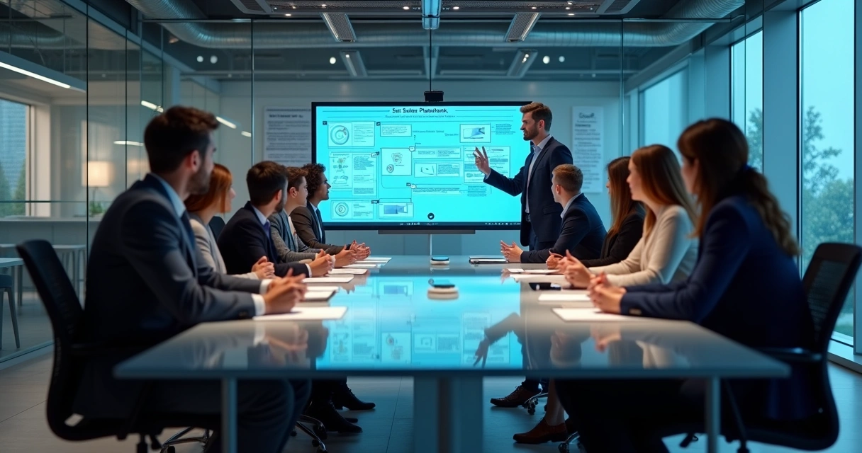 Treinamento de equipe digital em sala de reunião com tela digital central