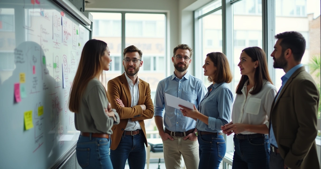 Equipes diversas em discussão, quadro branco com ideias anotadas 