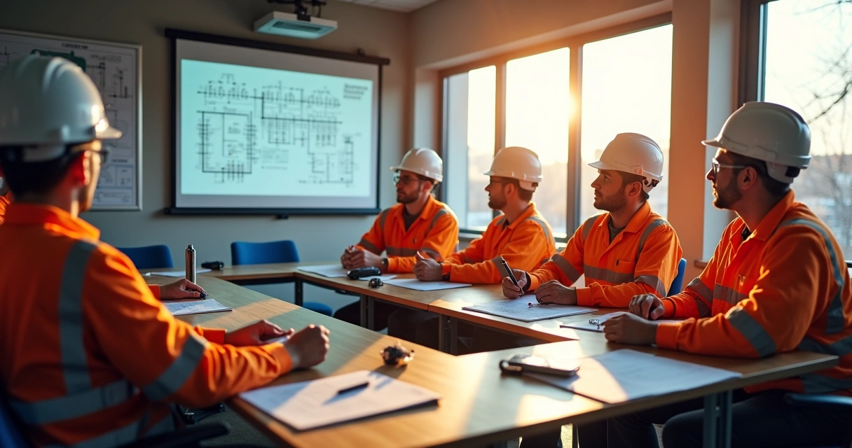 Equipe de engenheiros elétricos em treinamento em sala de aula moderna. 