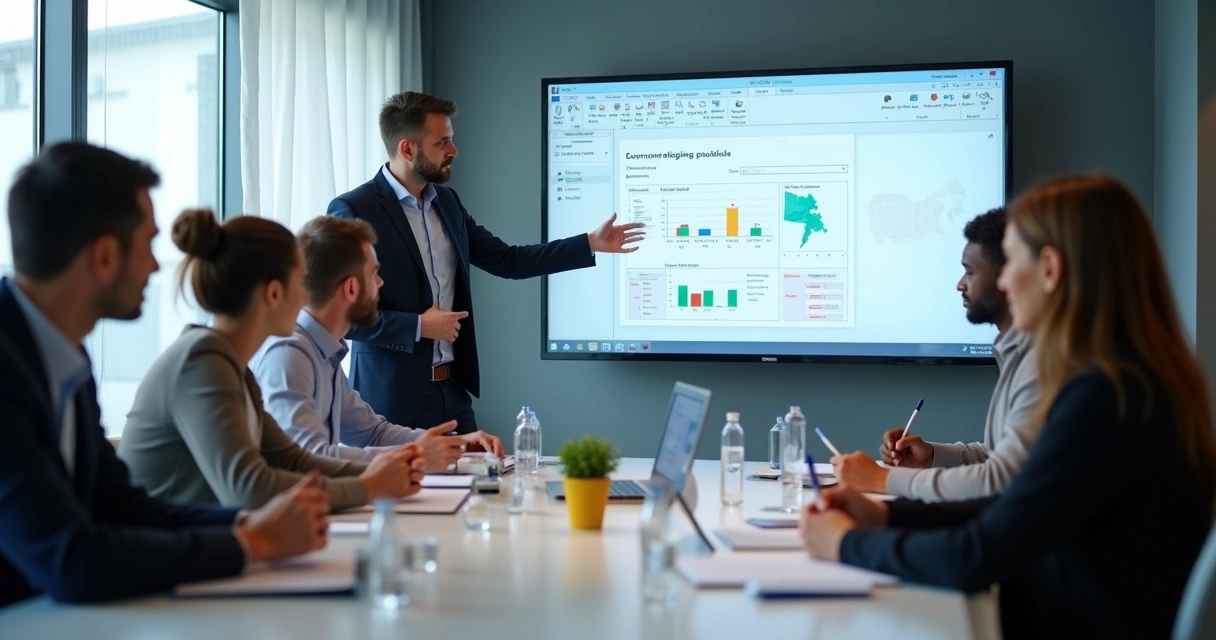 Treinamento de equipe com instrutor mostrando tela do sistema ERP Microsoft 