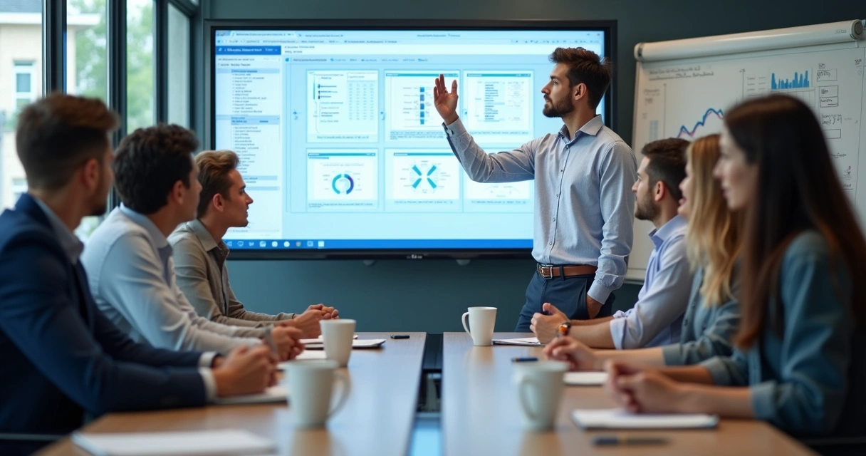 Equipe de funcionários assistindo treinamento sobre sistema de gestão ERP 