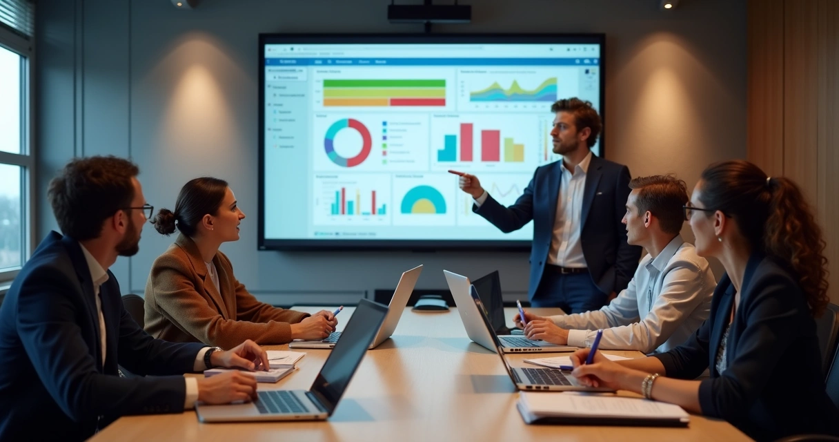 Treinamento de equipe com ERP exibido em projetor