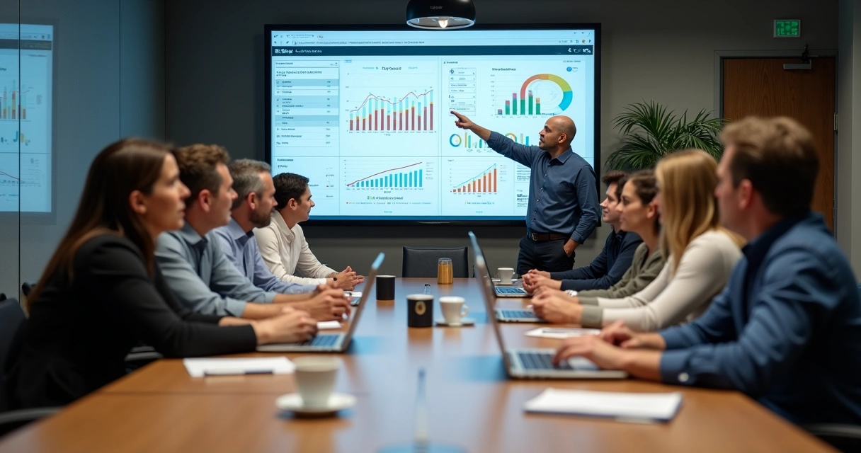 Equipe de funcionários reunida em treinamento sobre ERP 