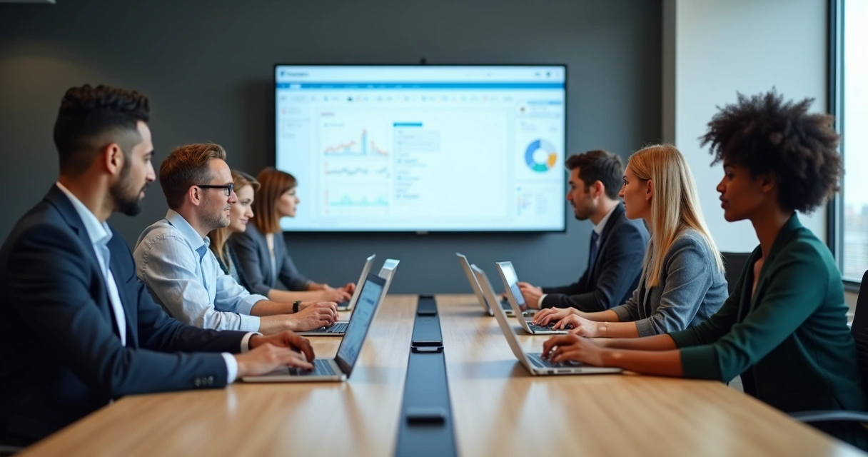 Equipe participando de treinamento em sala com projeção de sistema ERP 