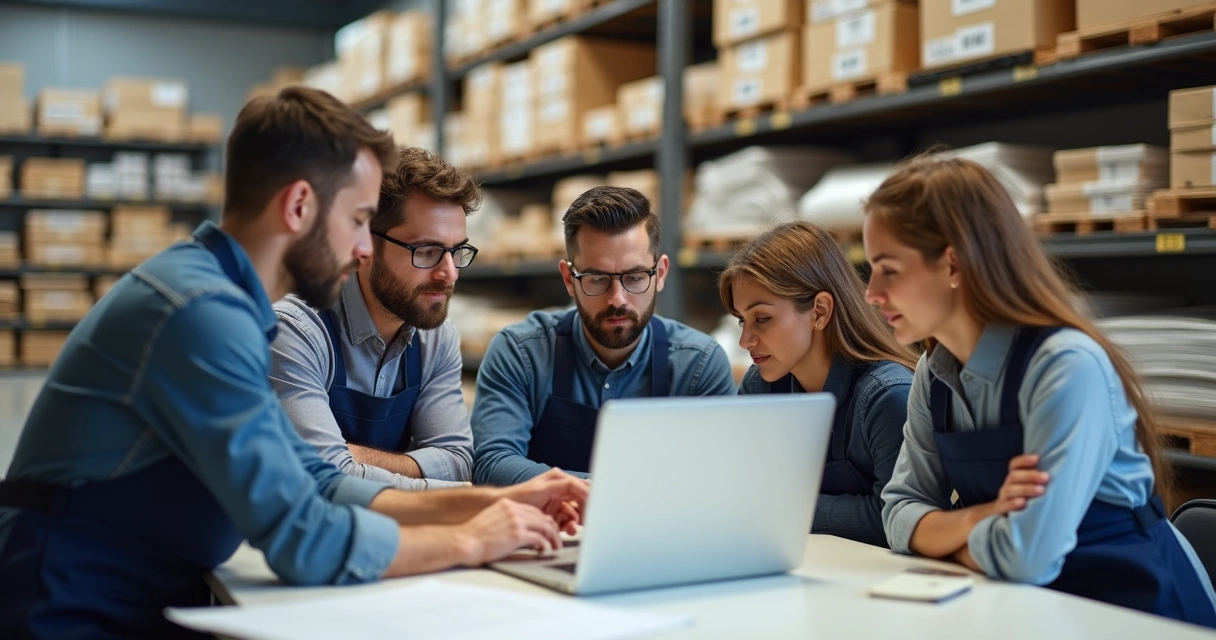 Equipe de loja de materiais de construção recebendo treinamento em ERP