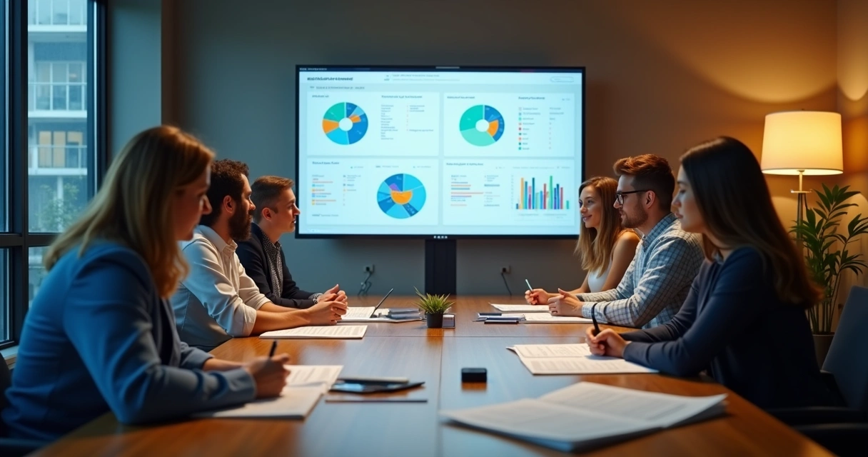 Equipe reunida em sala de treinamento revendo relatórios financeiros 
