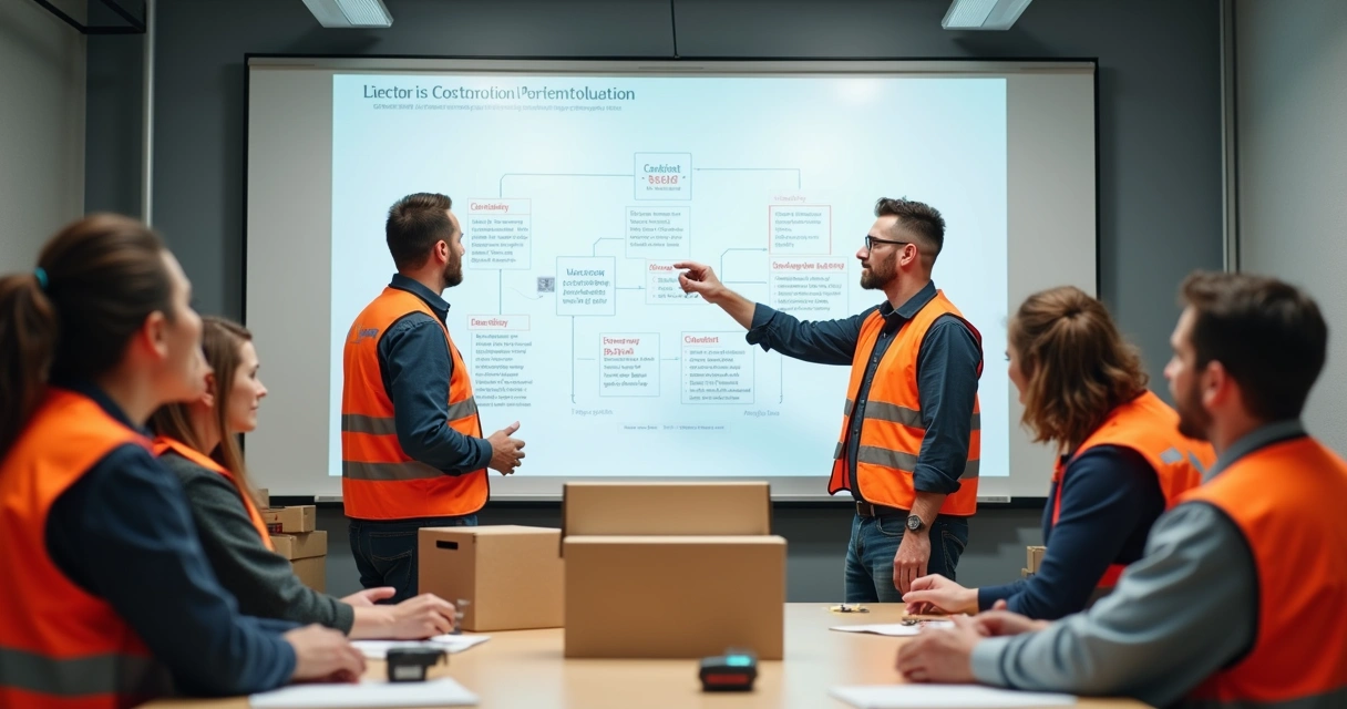 Treinamento de equipe de estoque em sala com quadro branco