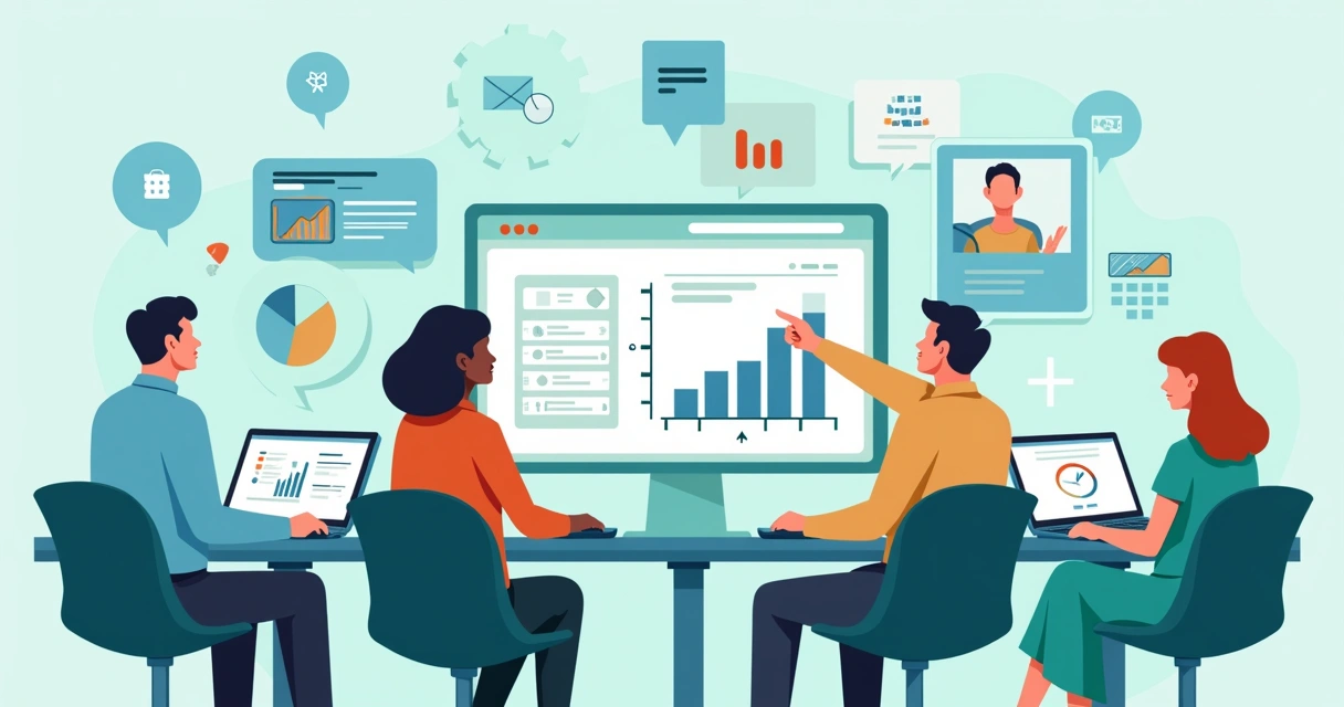 Equipe corporativa reunida em treinamento de Excel online ao vivo na tela do computador