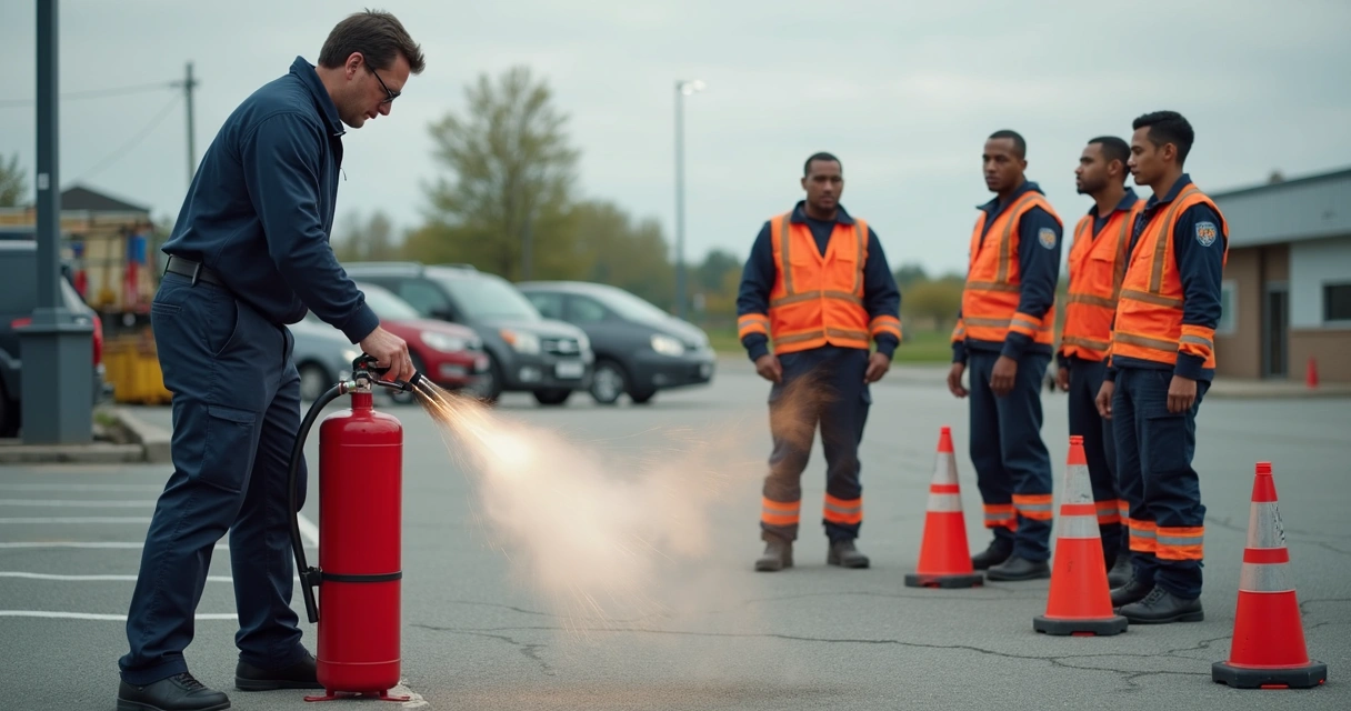 Treinamento prático de equipe usando extintor. 