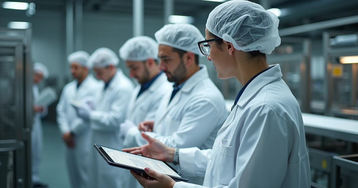 Equipe de fábrica em treinamento de segurança alimentar 