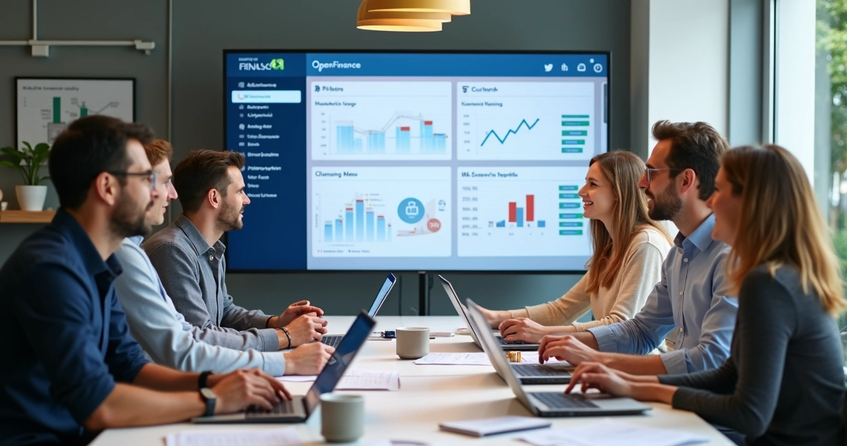 Equipe reunida em volta de um computador mostrando dados financeiros integrados 