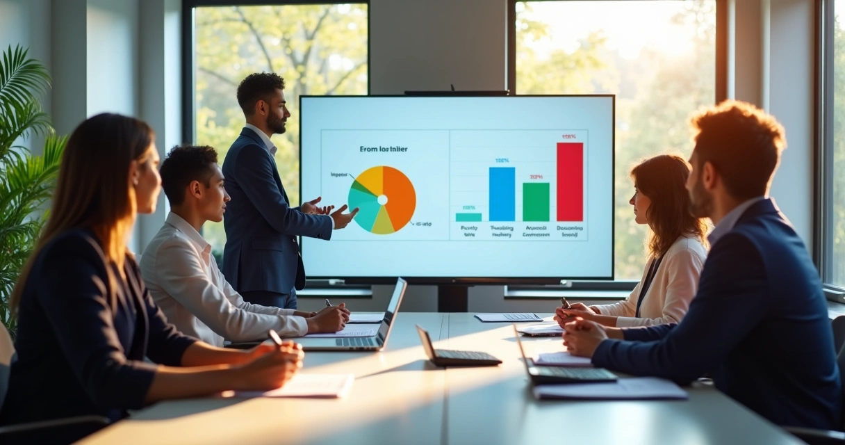 Equipe de escritório em reunião sobre treinamento financeiro 