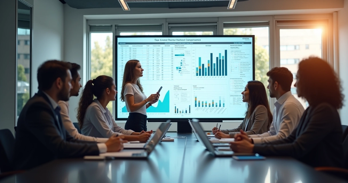 Equipe reunida em sala moderna, em treinamento sobre obrigações fiscais digitais, com tela projetando planilha de eventos EFD-Reinf 