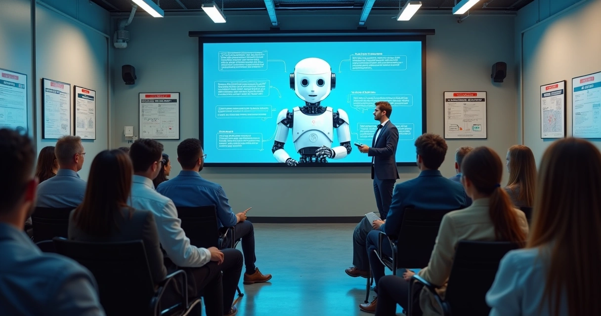 Equipe de franquia em treinamento com agente digital no telão