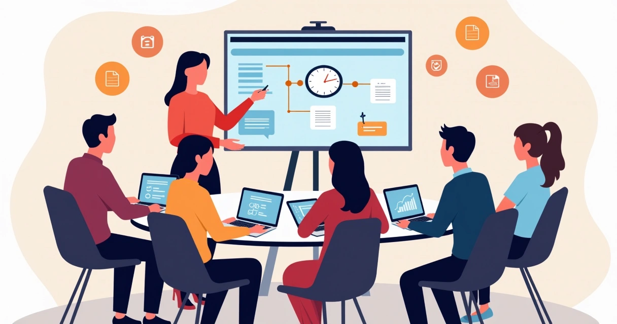 Equipe reunida recebendo treinamento sobre sistema de gestão de ordens de serviço digital 