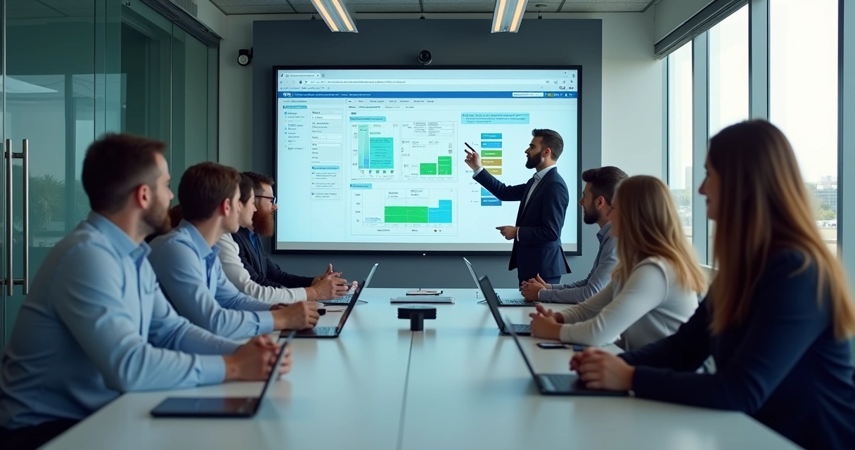 Equipe sendo treinada em sala com tela mostrando sistema de Gate Control 