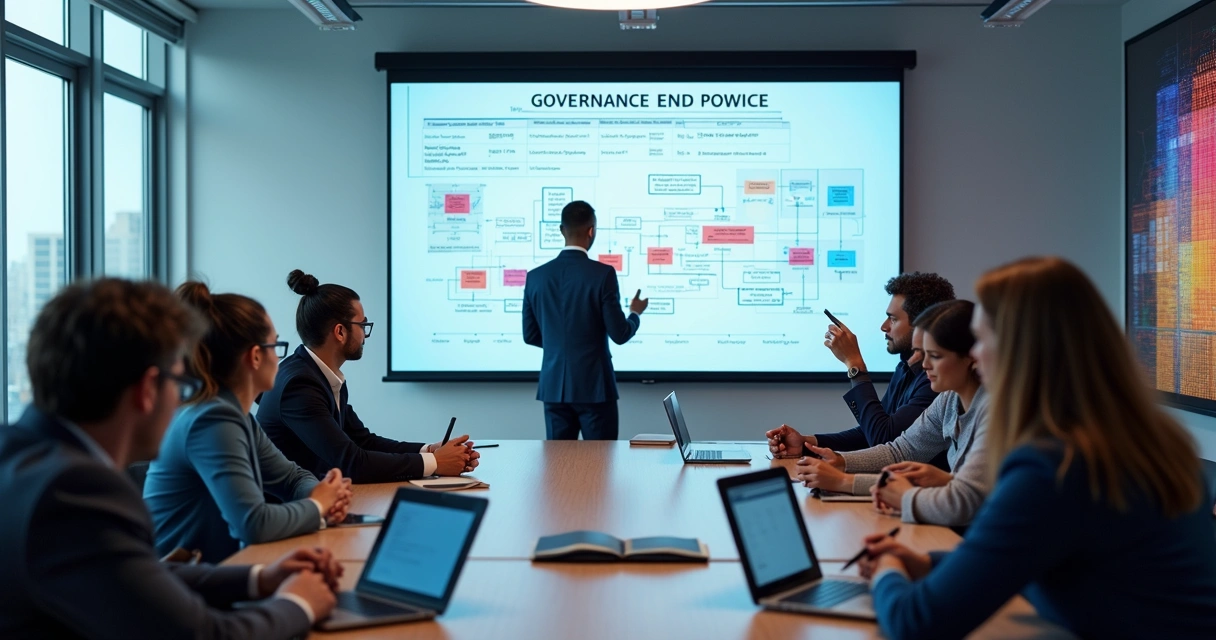 Equipe de empresa aprendendo governança de dados em sala de treinamento moderna