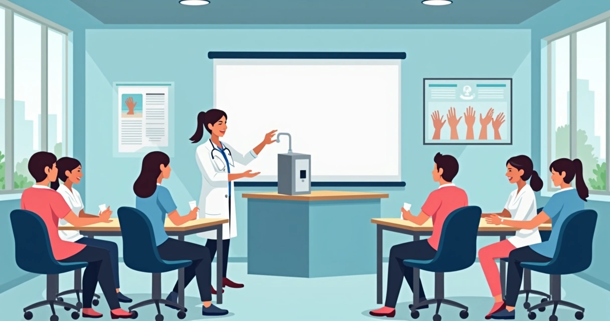 Equipe de saúde em treinamento sobre higiene das mãos em sala de aula moderna 