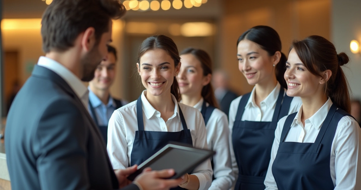 Equipe de hotel recebendo treinamento de upsell 
