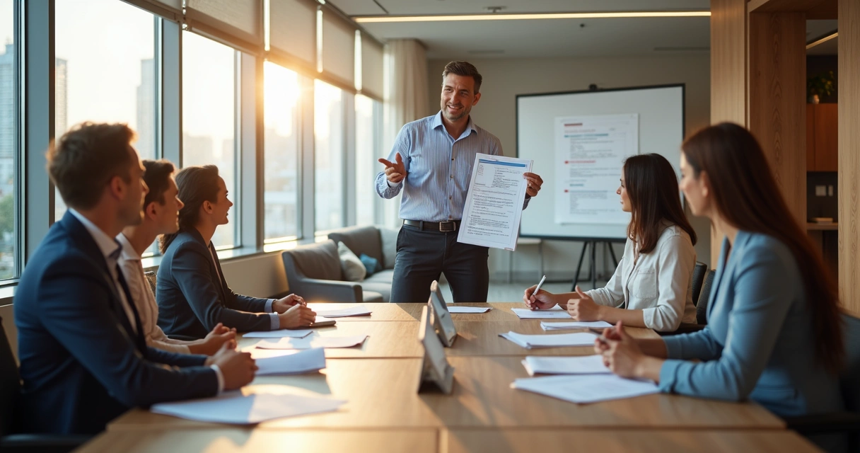 Treinamento de equipe em hotel ao redor de uma mesa 