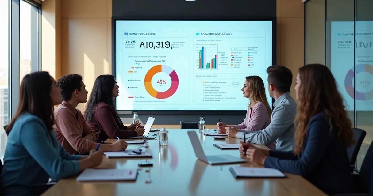 Equipe de hotel discutindo resultados de NPS em sala de reunião 