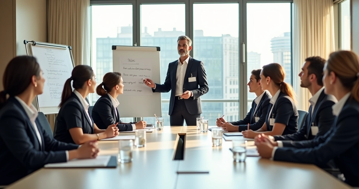 Equipe de hotelaria em reunião de treinamento com instrutor 