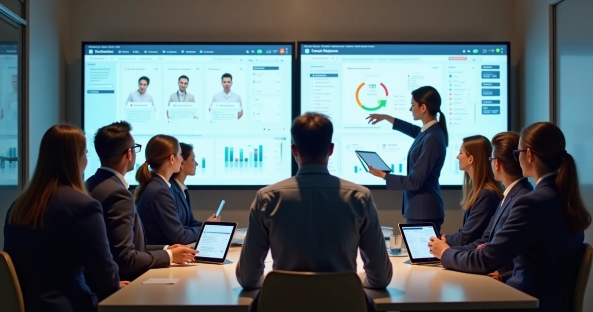 Equipe de hotelaria recebendo treinamento com recursos de inteligência artificial 