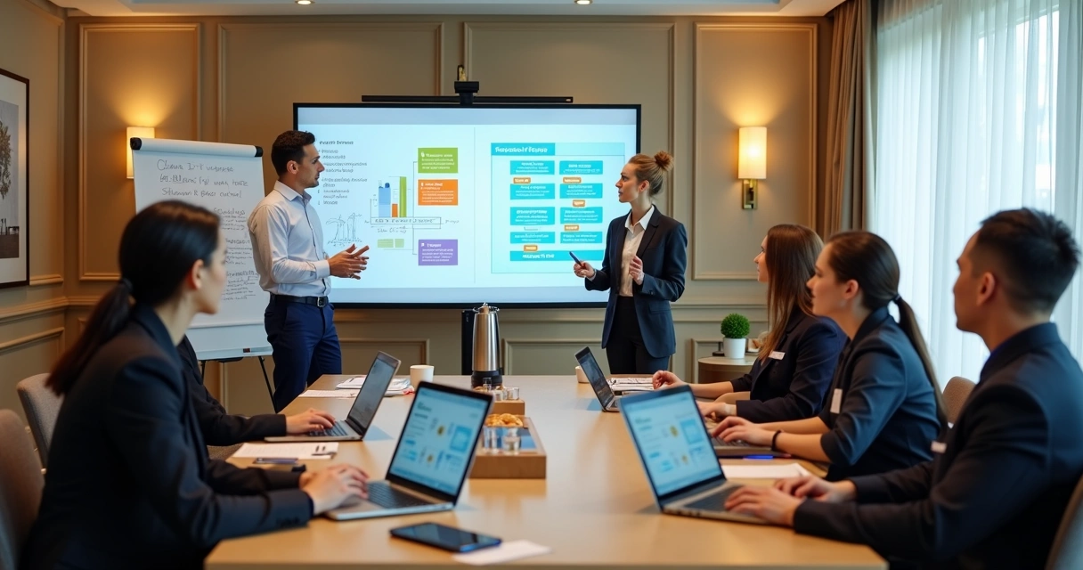 Treinamento de equipe de hotelaria dividido entre instrutor interno e consultor externo em sala de conferência 