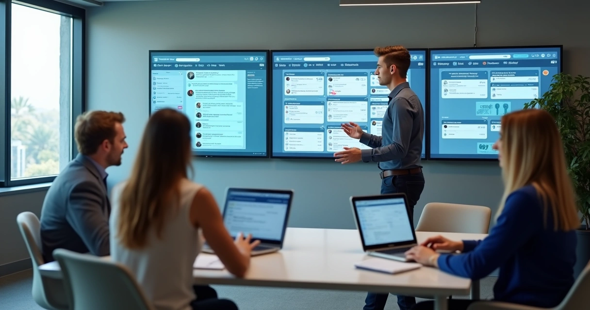 Equipe em treinamento com painel de atendimento e IA