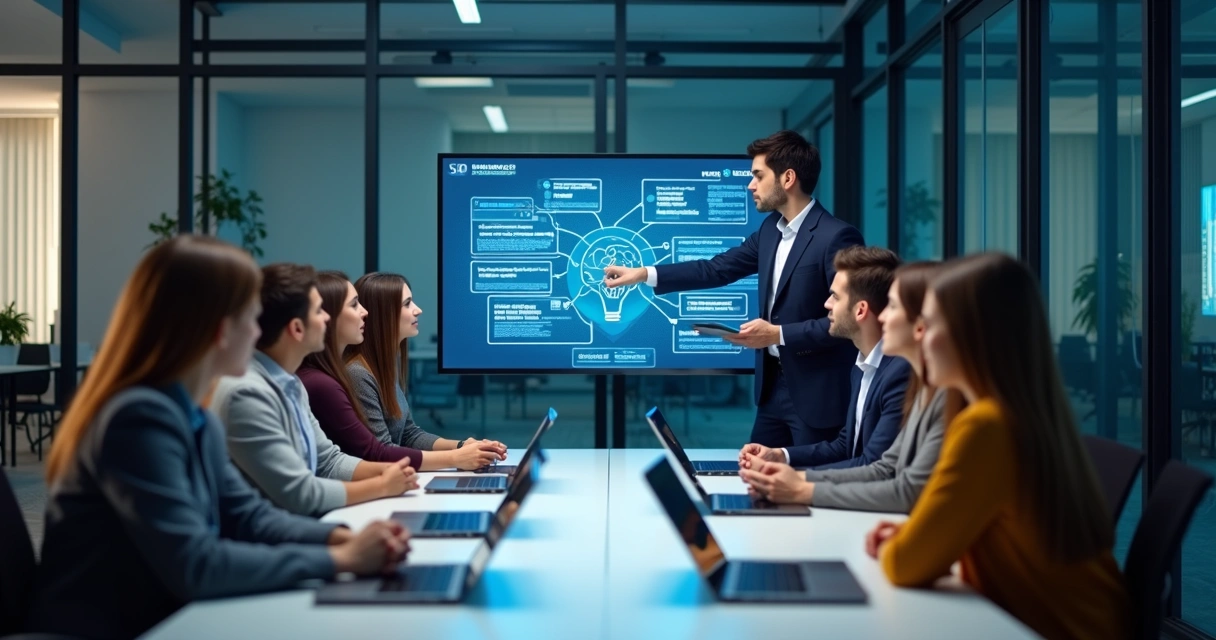 Equipe de trabalho em reunião de treinamento de IA com computadores e apresentação de slides ao fundo